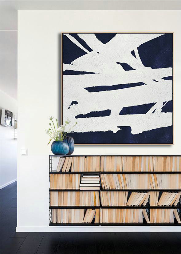 Handmade Large Painting,Hand Painted Navy Minimalist Painting On Canvas,Large Canvas Art